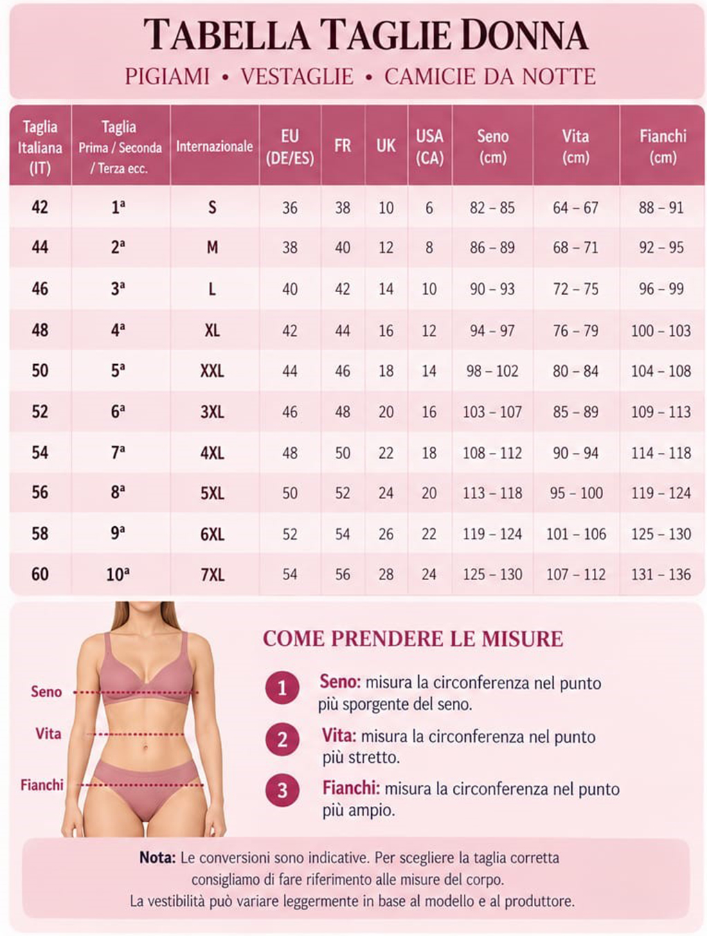 Guida taglie homewear donna